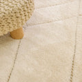 Close-up of a cream-colored shag rug with stitched geometric lines, showing a chunky knit stool leg on the left.