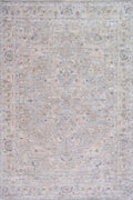 A square area rug with an intricate traditional pattern in muted tones of beige, gray, and soft blue-gray.